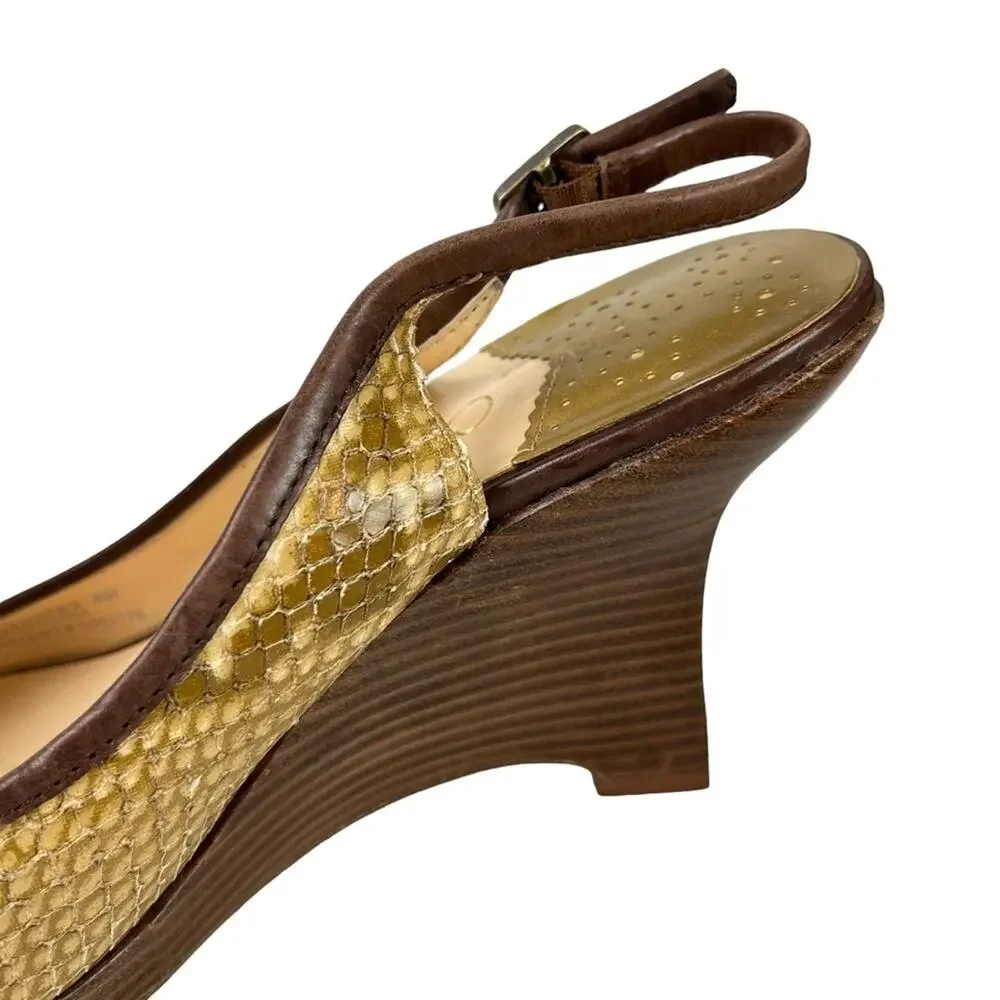 COLE HAAN Genuine Leather Reptile Snakeskin Wedge Slingback Peep Toe Shoes sz 9